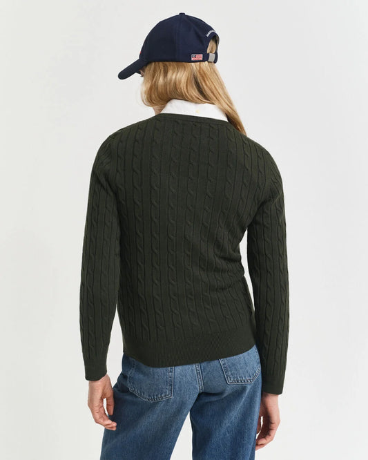 Stretch Cotton Cable Knit Crew Neck Sweater- Green Lagoon