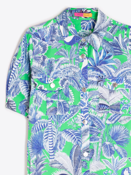SHORT SHIRT DRESS WITH GREEN AND BLUE TROPICAL PRINT