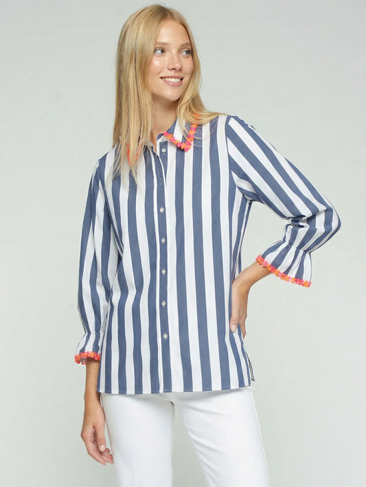 NAVY STRIPED SHIRT WITH FLORAL TRIM