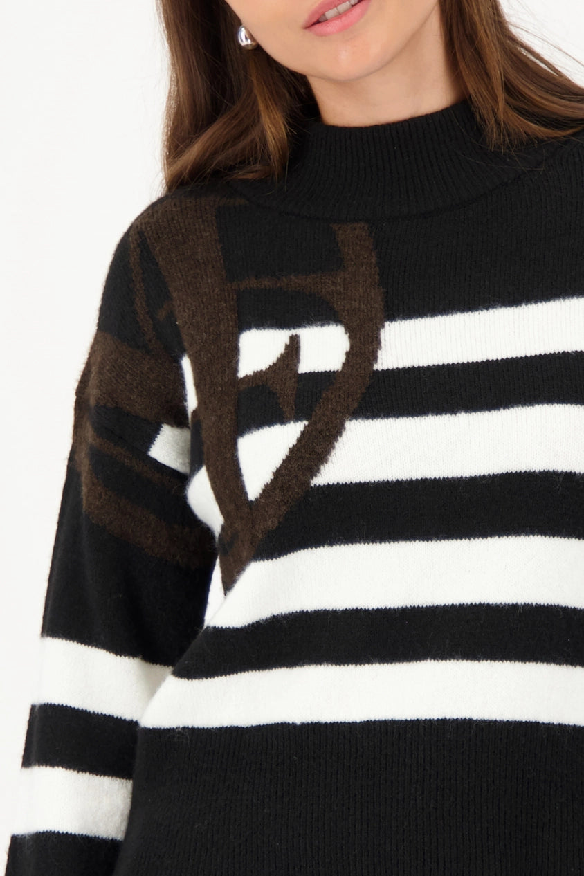 STRIPE SWEATER WITH EMBLEM - BLACK STRIPED