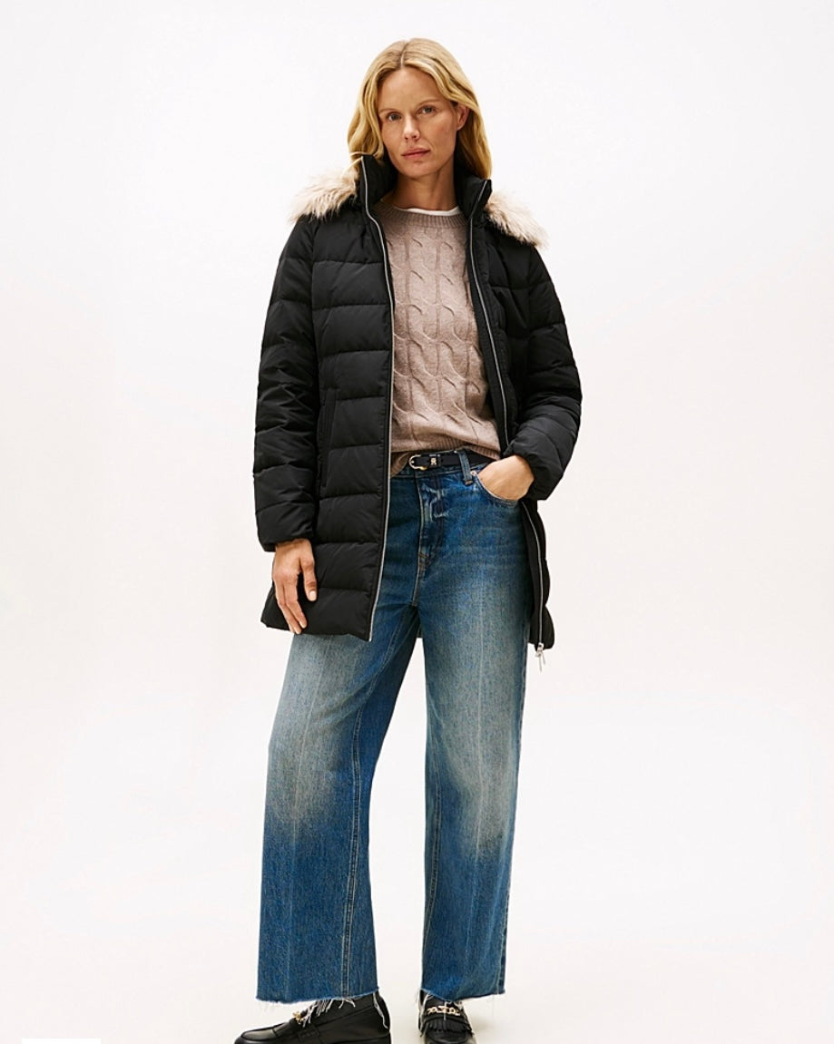 Black down slim fit coat detachable fur
