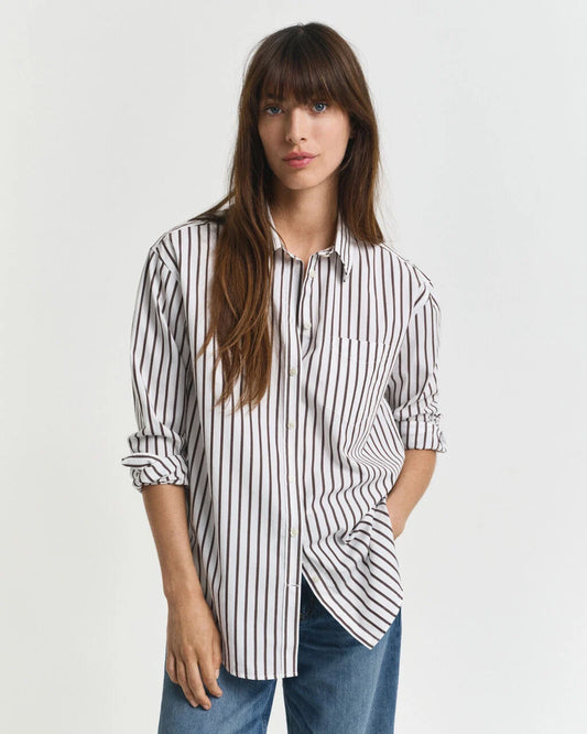 Relaxed Fit Classic Striped Poplin Shirt- Brown