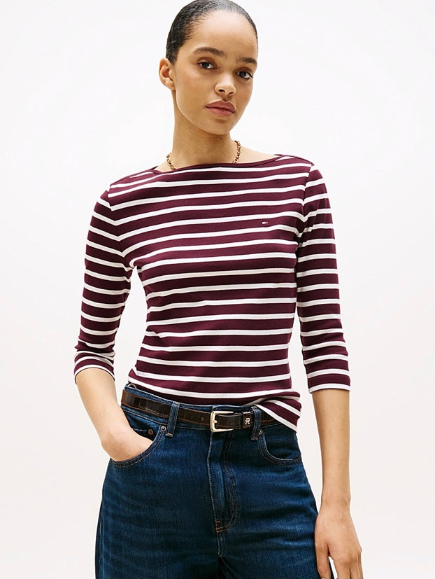 Slim Cody Boat Neck Top Burgundy Stripe