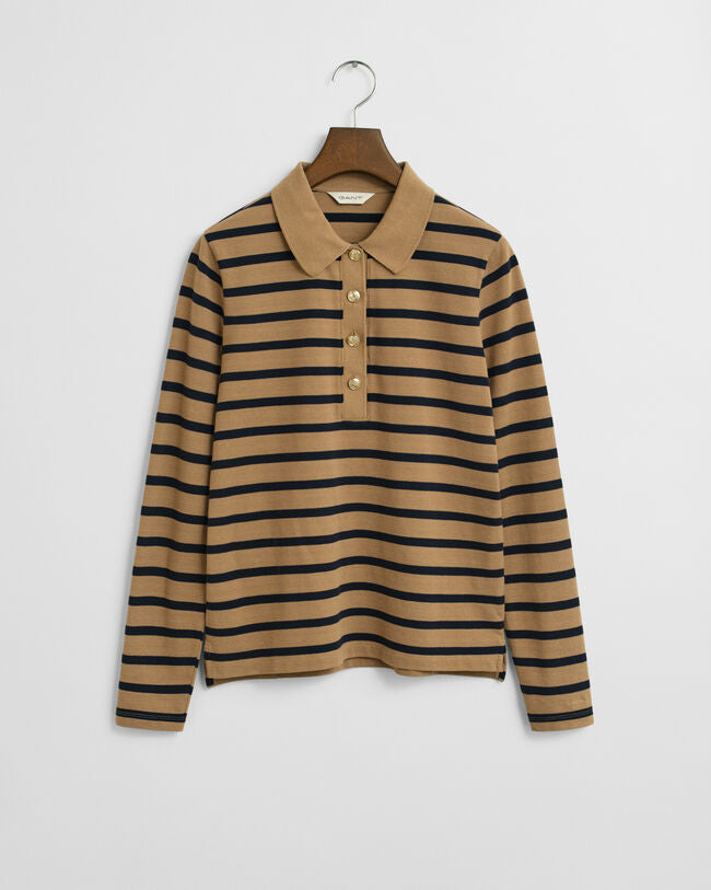 Brown Breton Striped Long Sleeve Pique Polo Shirt