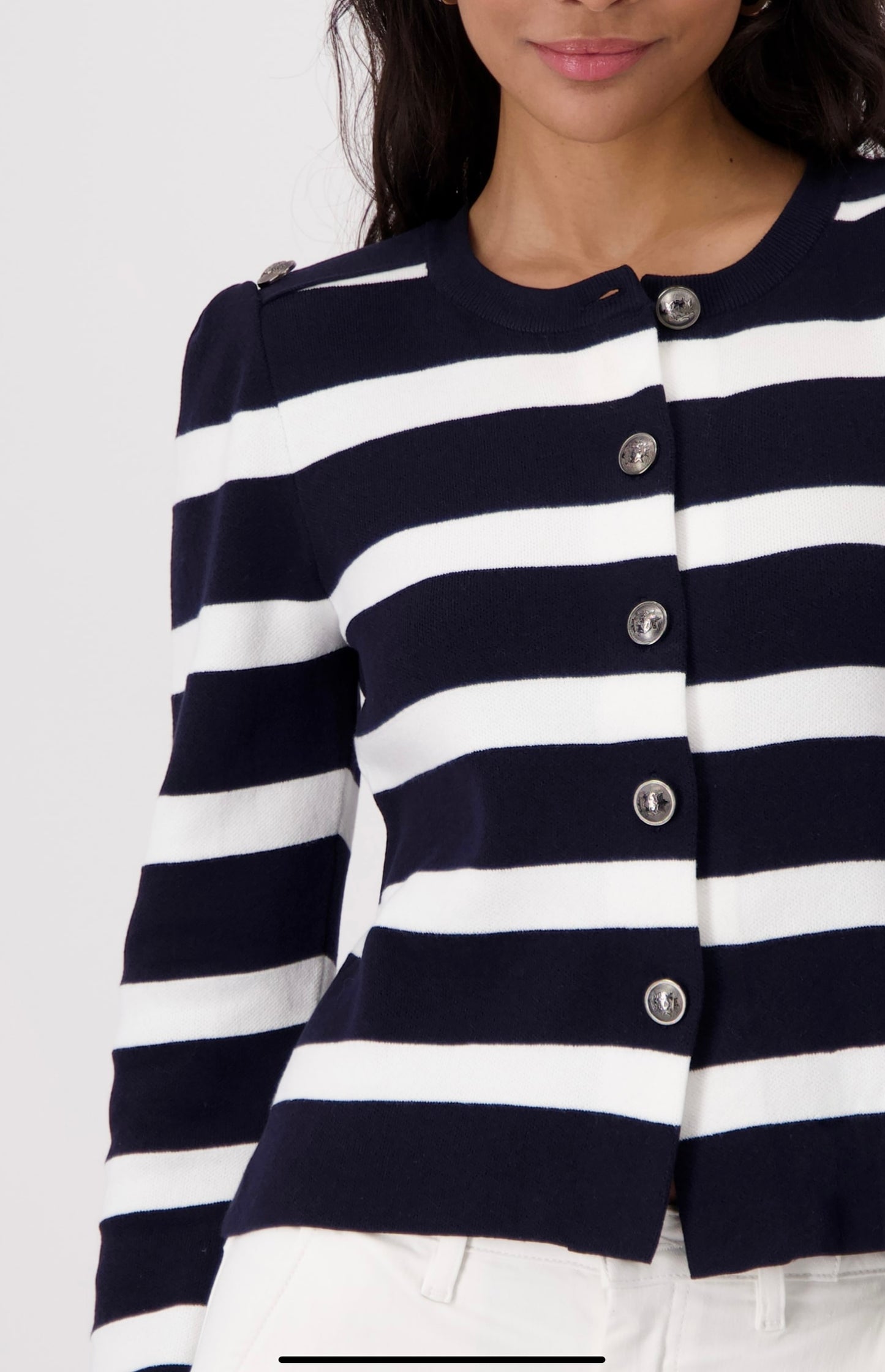 Navy white striped knit jacket (Size UK 12)