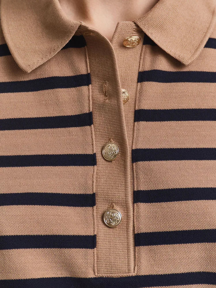 Brown Breton Striped Long Sleeve Pique Polo Shirt