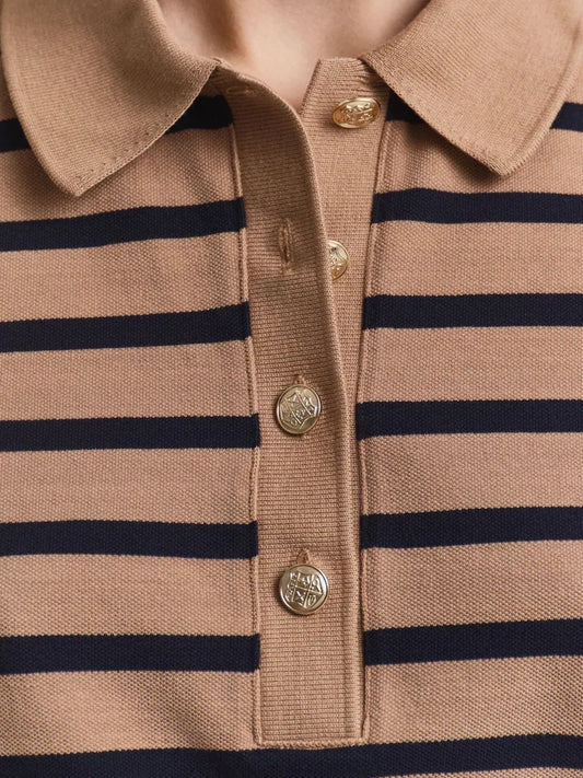 Brown Breton Striped Long Sleeve Pique Polo Shirt
