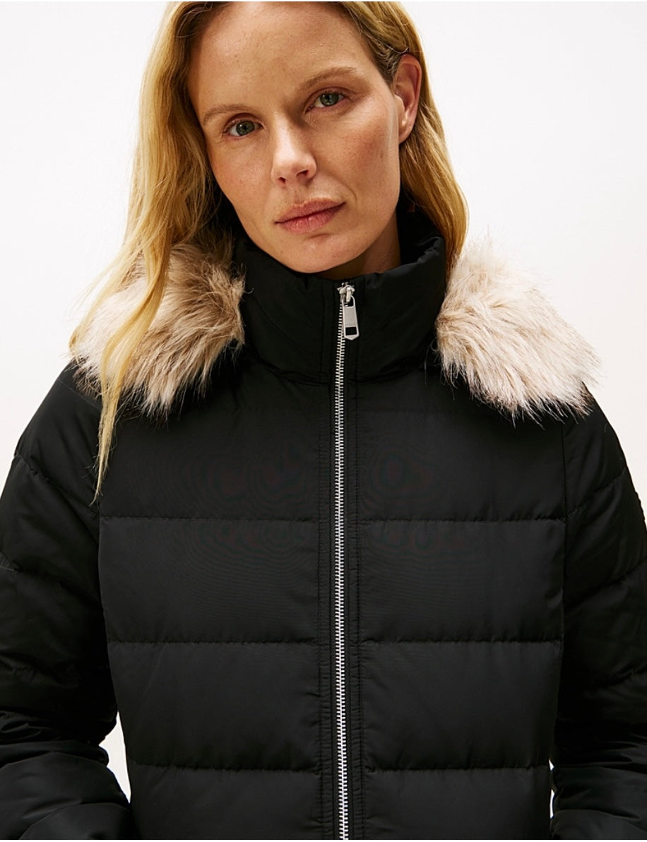 Black down slim fit coat detachable fur