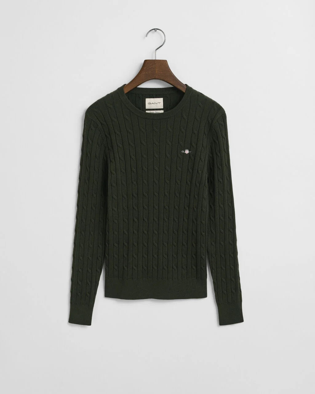 Stretch Cotton Cable Knit Crew Neck Sweater- Green Lagoon