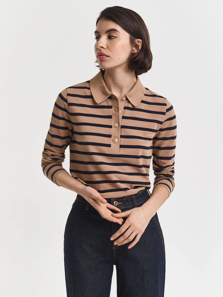 Brown Breton Striped Long Sleeve Pique Polo Shirt