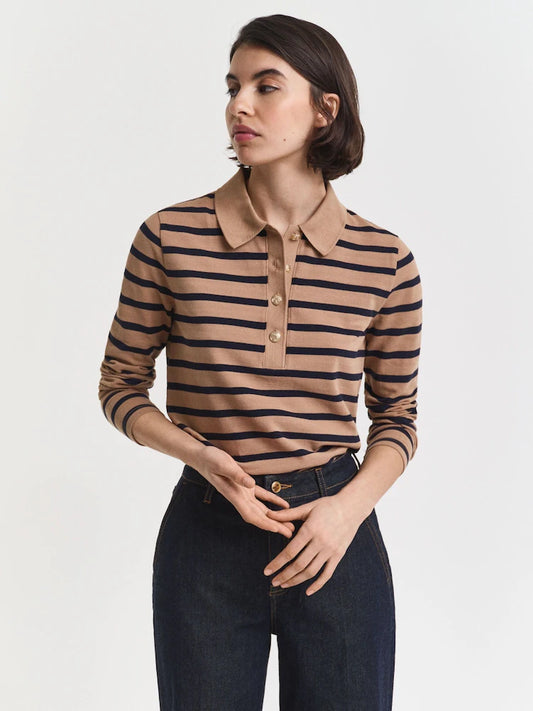 Brown Breton Striped Long Sleeve Pique Polo Shirt