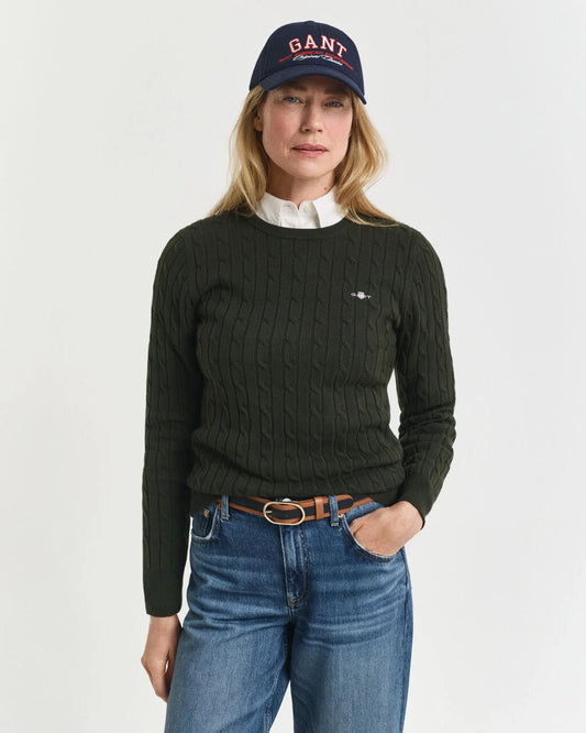 Stretch Cotton Cable Knit Crew Neck Sweater- Green Lagoon