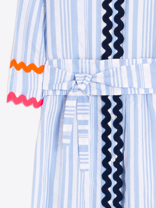 BLUE STRIPED SHIRT DRESS WITH RIVET TRIM
