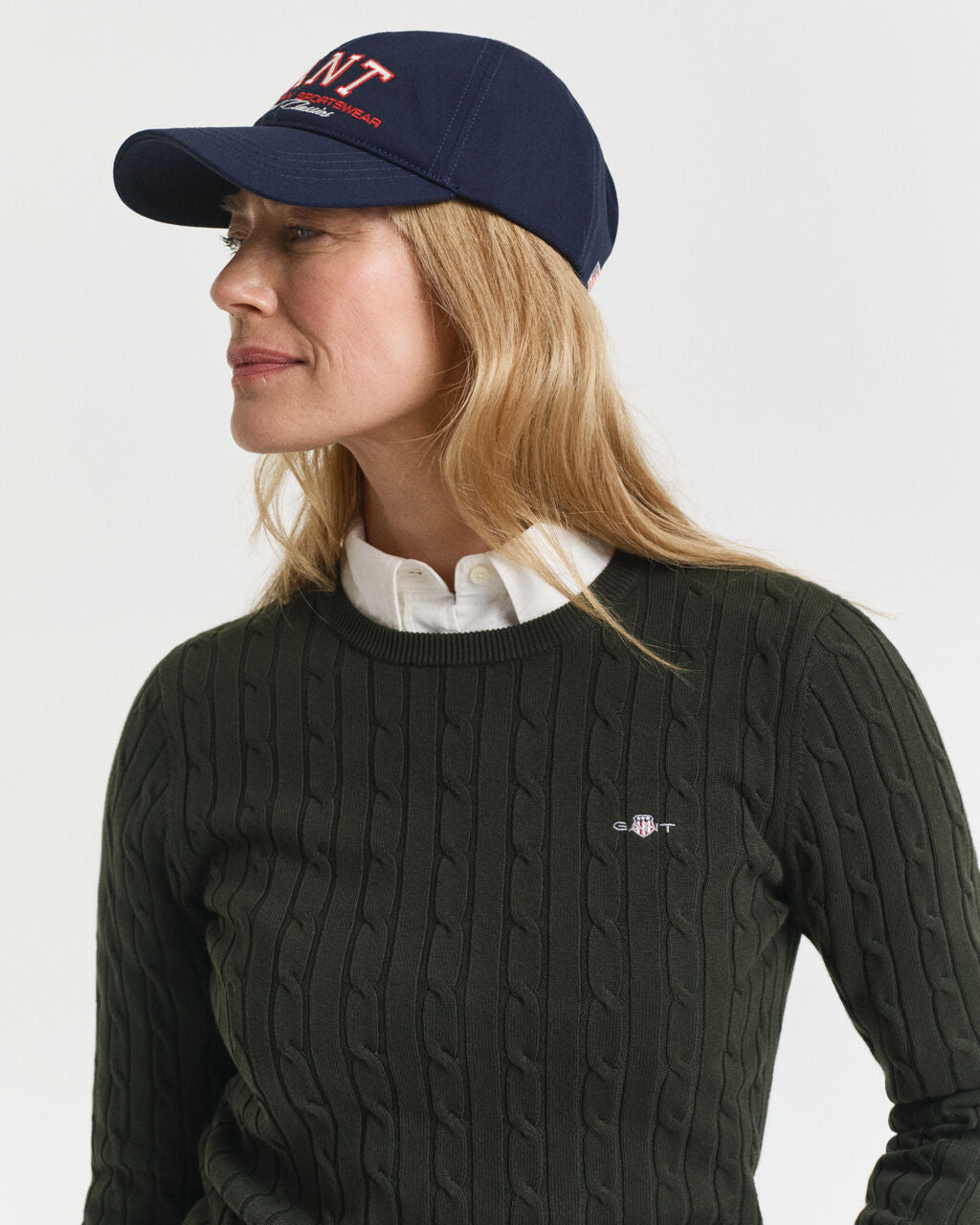 Stretch Cotton Cable Knit Crew Neck Sweater- Green Lagoon