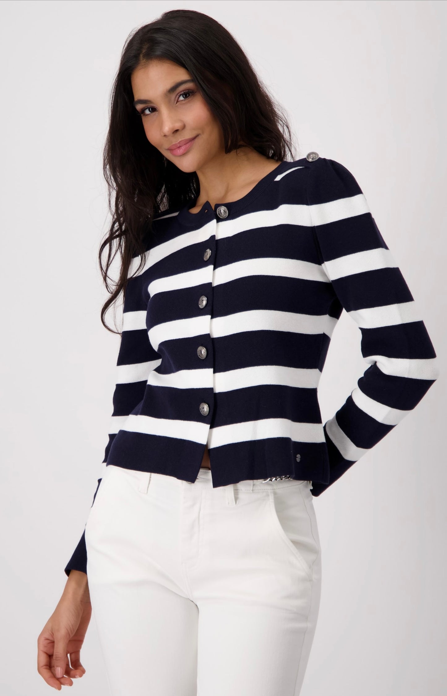 Navy white striped knit jacket (Size UK 12)