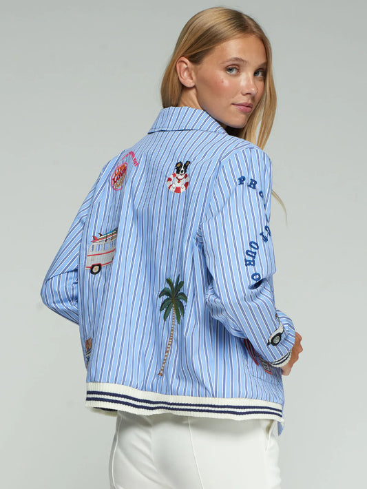 BLUE STRIPED BOMBER JACKET SURF EMBROIDERY