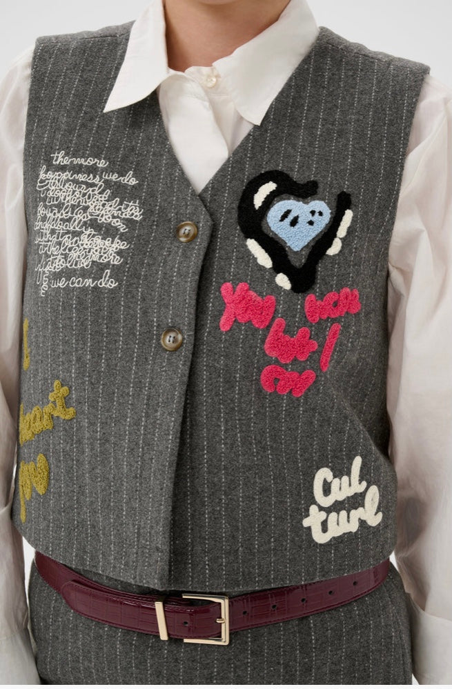 Kayla Waistcoat Grey Stripe With Writing Detail
