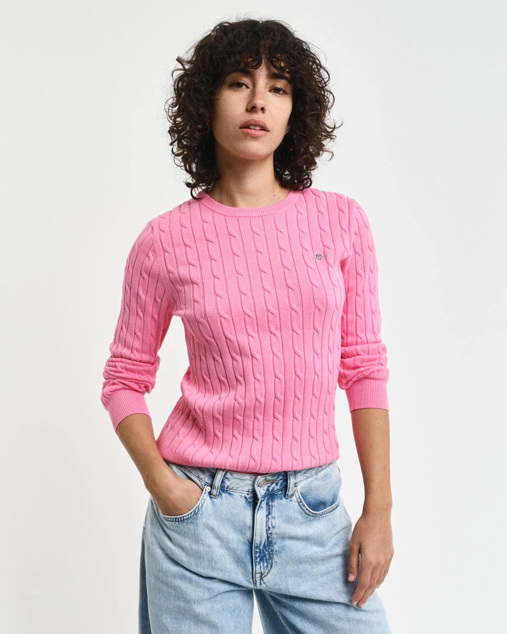 Stretch Cotton Cable Knit Crew Neck - Candy Pink