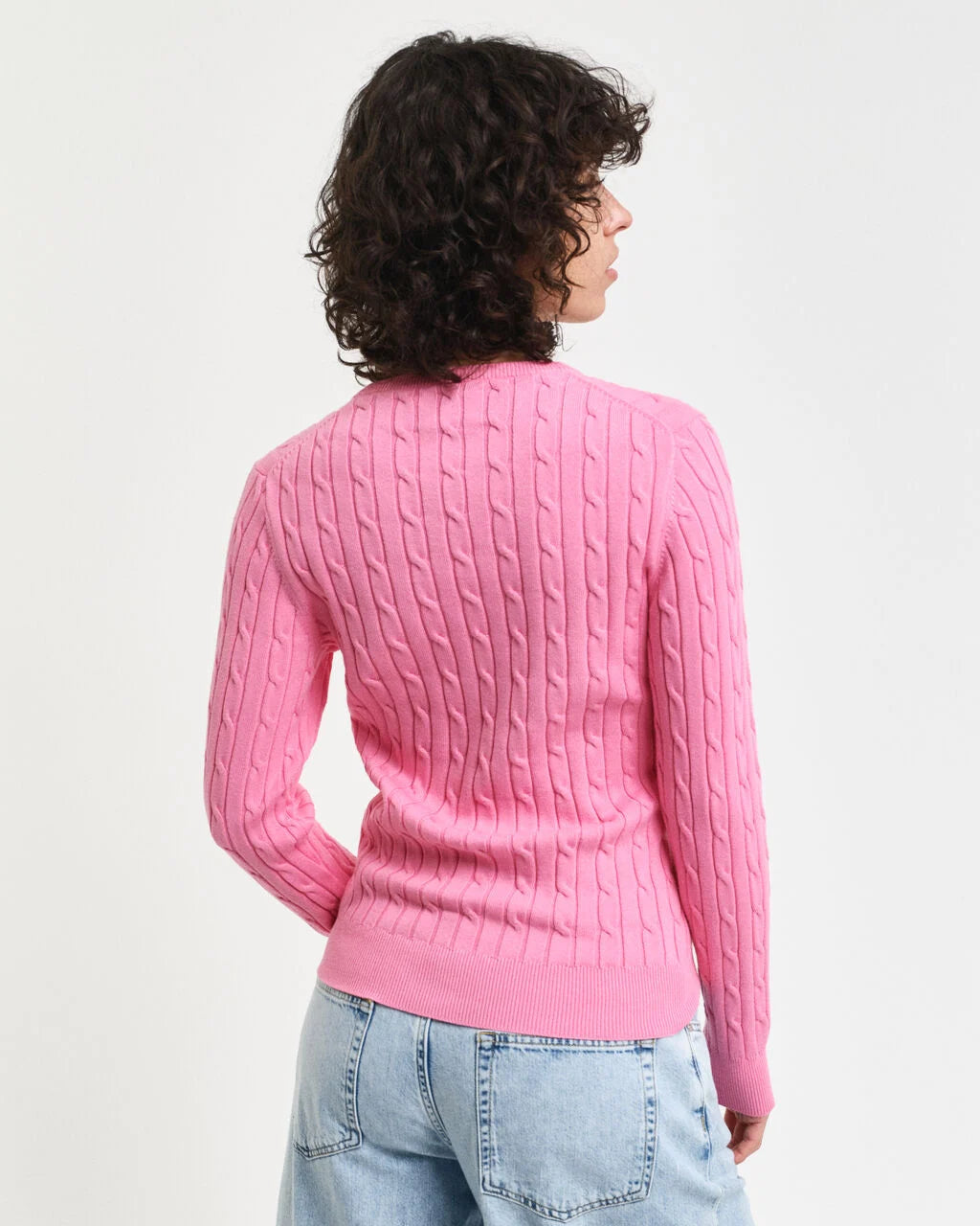 Stretch Cotton Cable Knit Crew Neck - Candy Pink