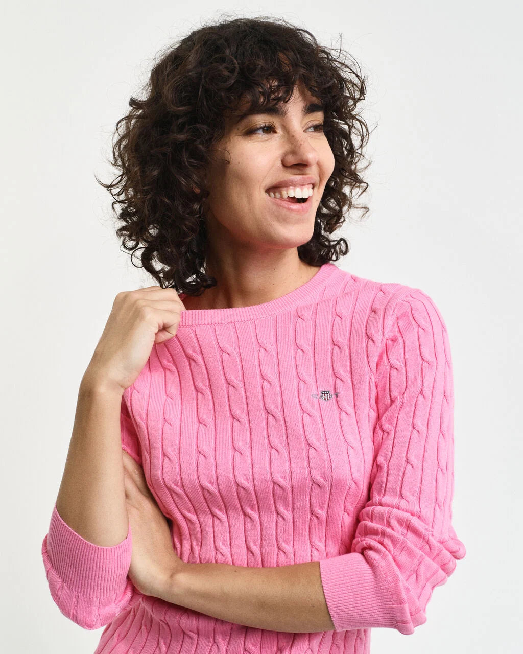 Stretch Cotton Cable Knit Crew Neck - Candy Pink