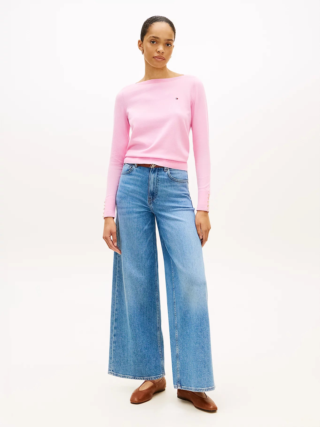 Gold-Tone Button Jersey Boat Neck Jumper Rose Petal