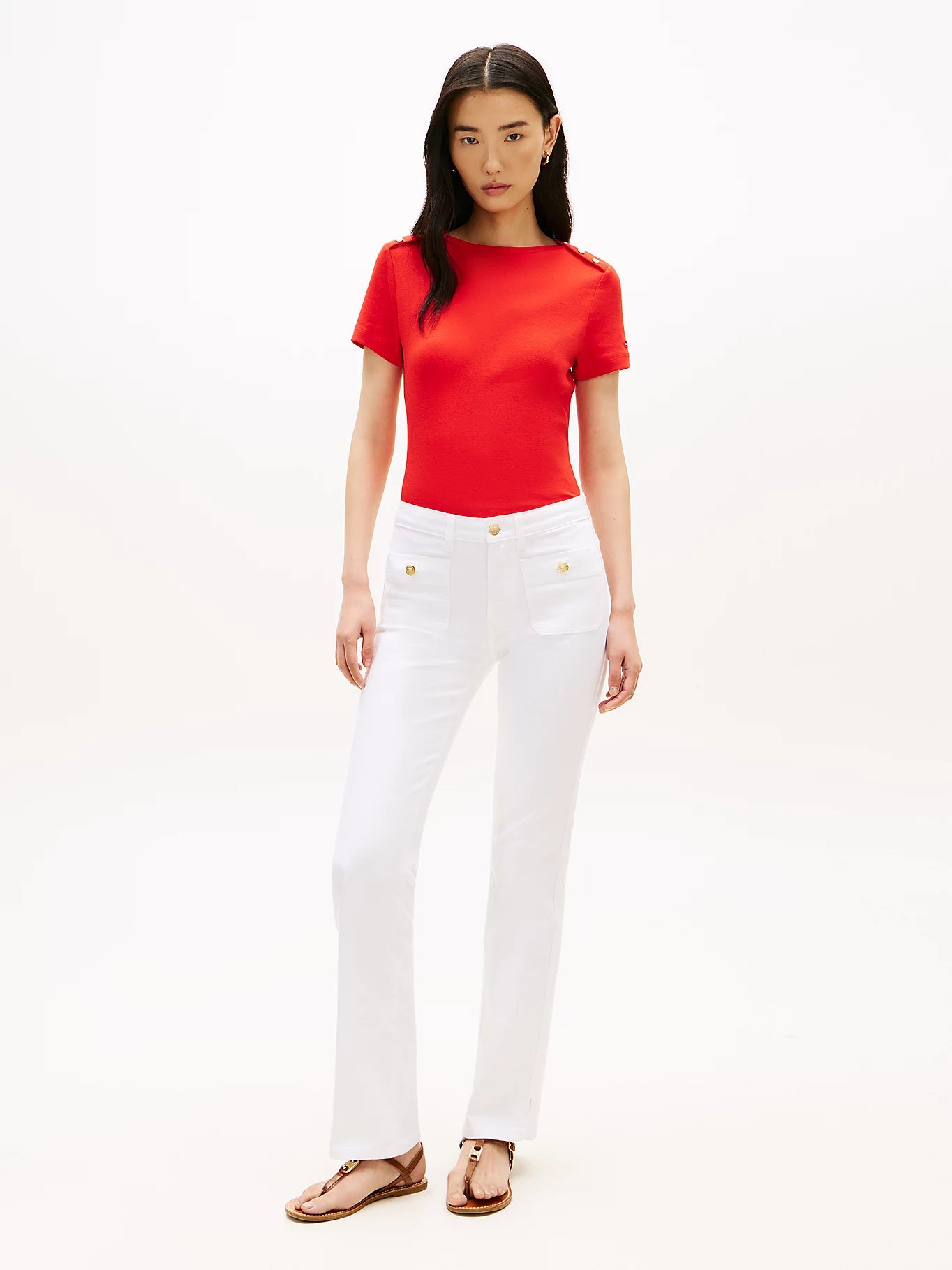 Gold-Tone Button Boat Neck T-Shirt