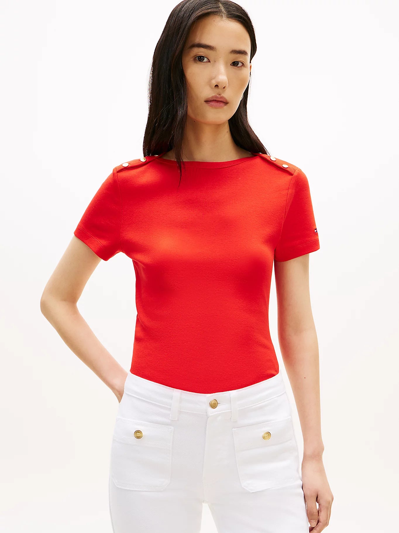 Gold-Tone Button Boat Neck T-Shirt