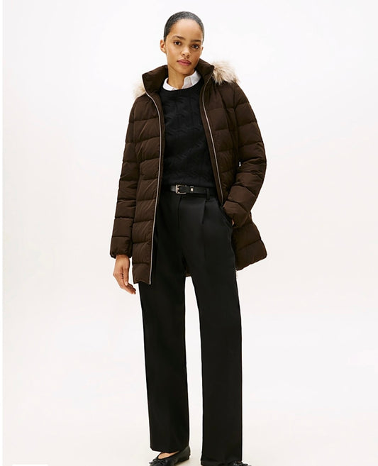 Dark chocolate slim fit coat detachable fur
