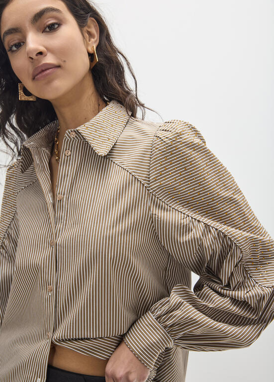 Brown Stripe Crystal Detail Blouse