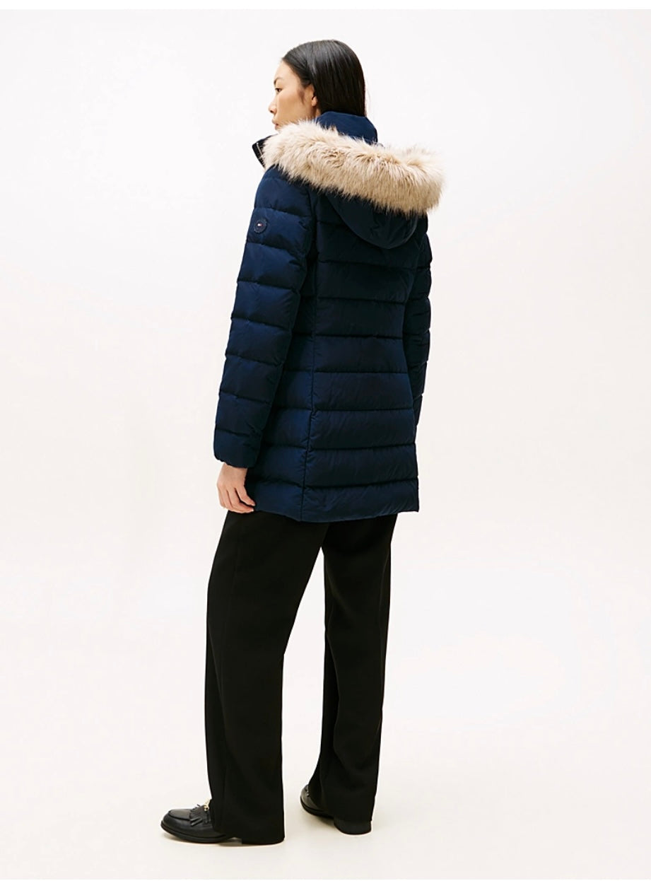 Navy down slim fit coat detachable fur