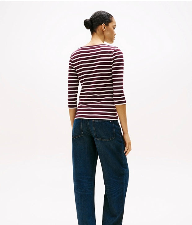 Slim Cody Boat Neck Top Burgundy Stripe