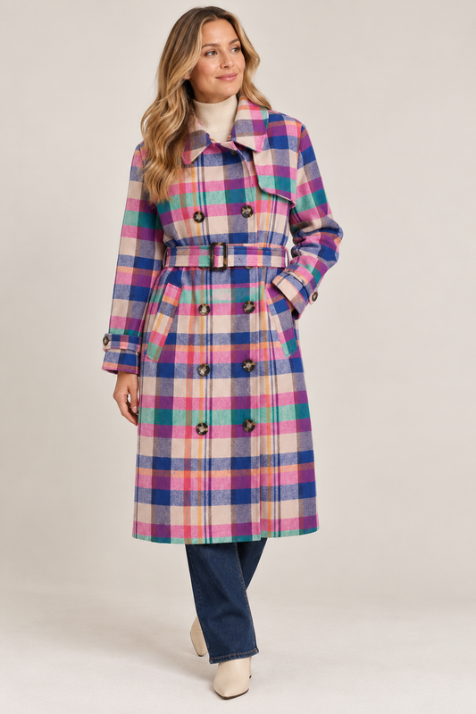 Herringbone Plaid Multi Colour Trench Coat