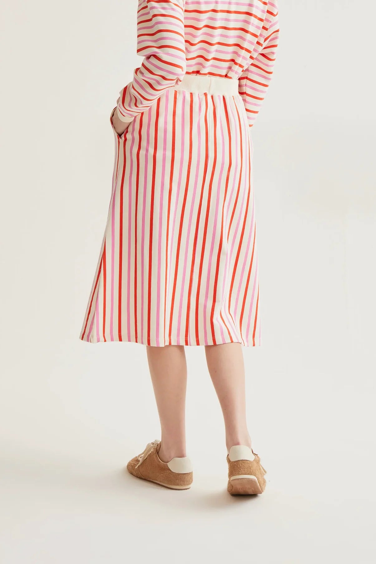 Midi skirt with pink and red striped print