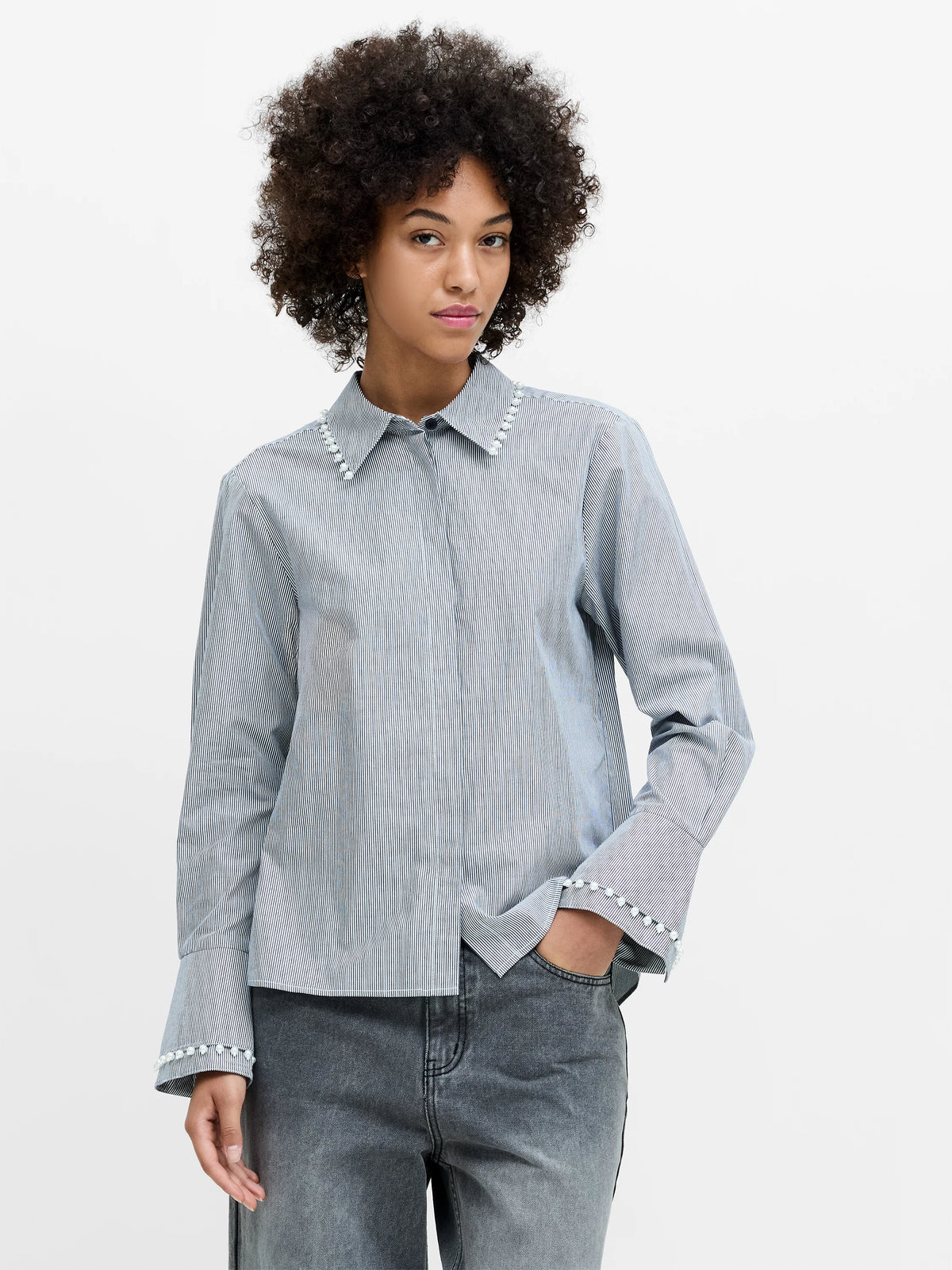 Cambria Cotton Pearl Trim Navy Stripe Shirt