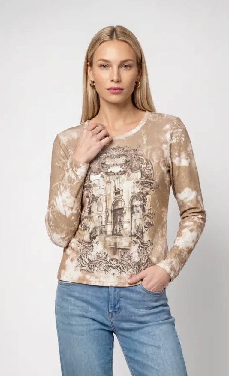 Gallery Print Ribbed Long Sleeve Tee Shirt 827
