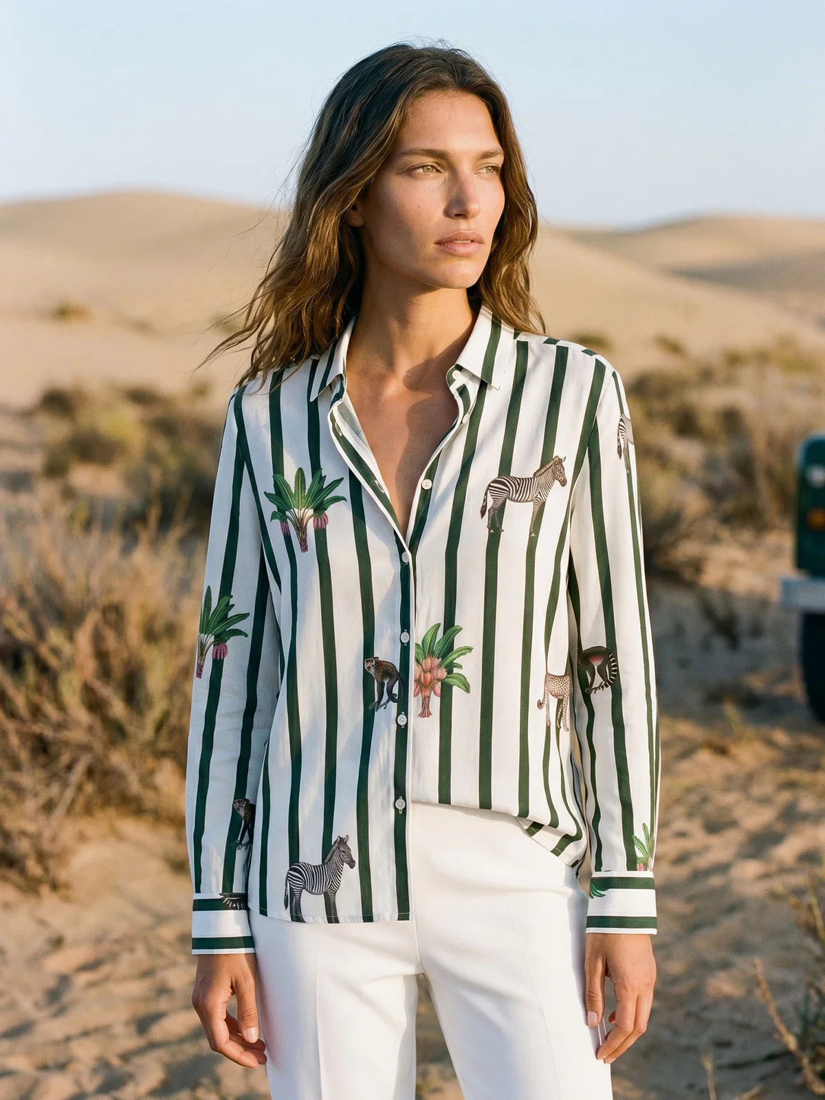 GREEN STRIPED SHIRT SAFARI PRINT