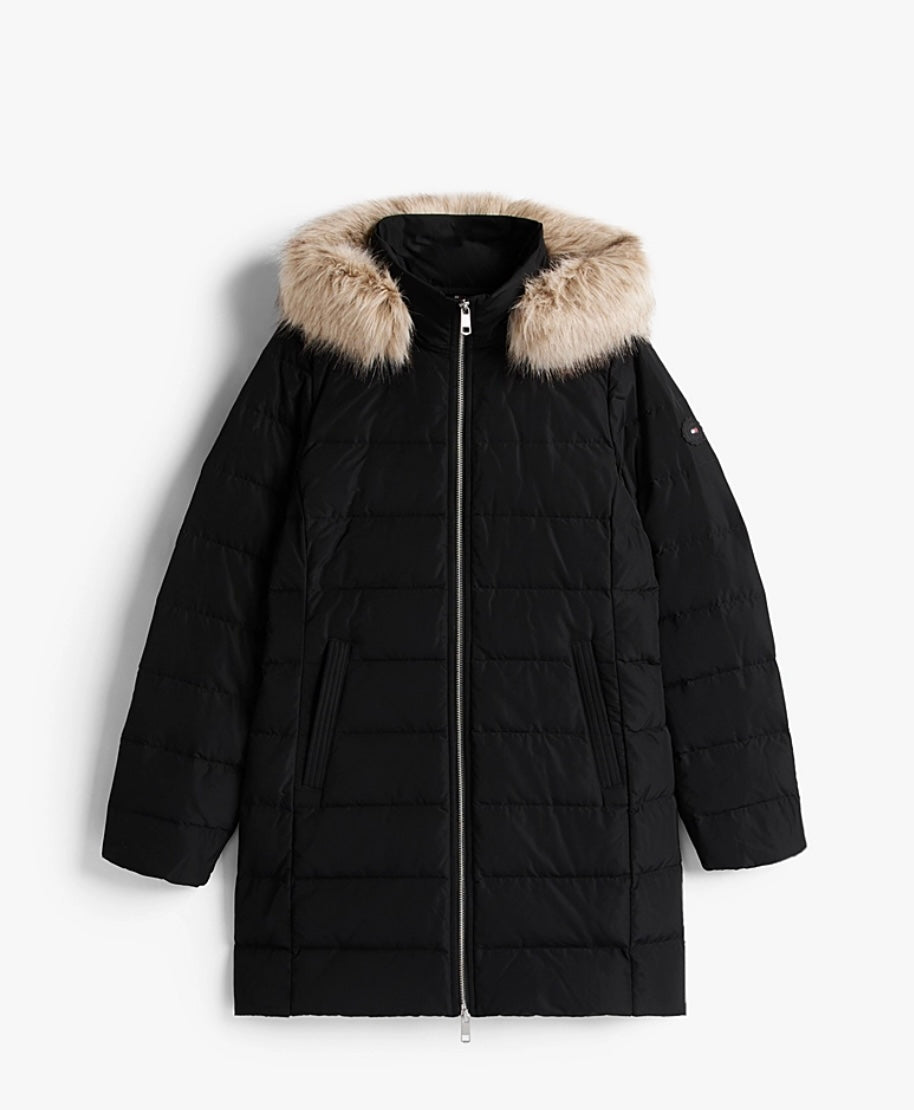 Black down slim fit coat detachable fur