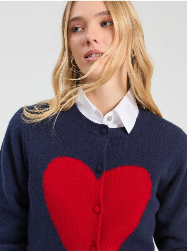 Navy Red Heart Intarsa Cardigan