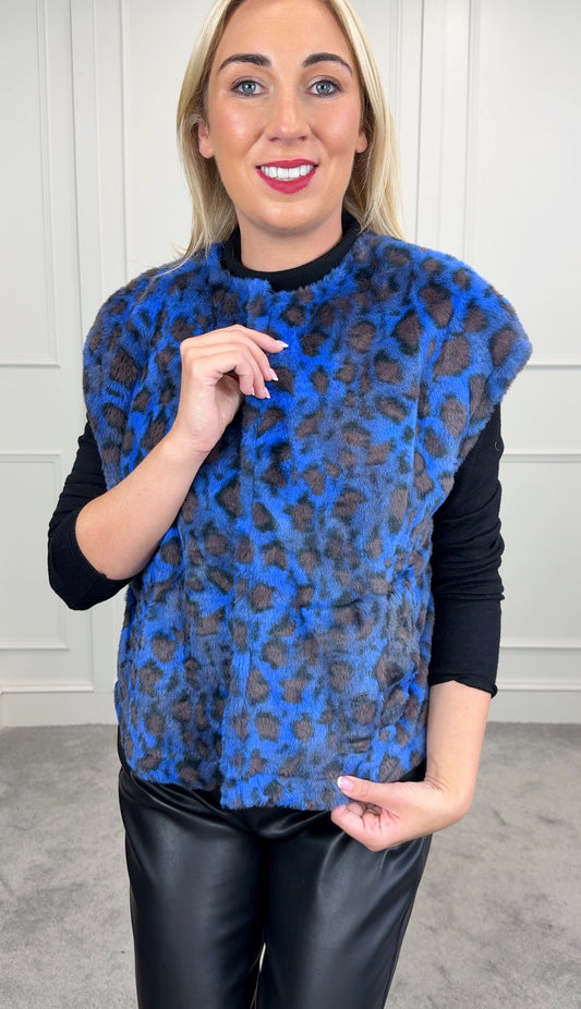 Molly blue/brown leopard print sleeveless jacket