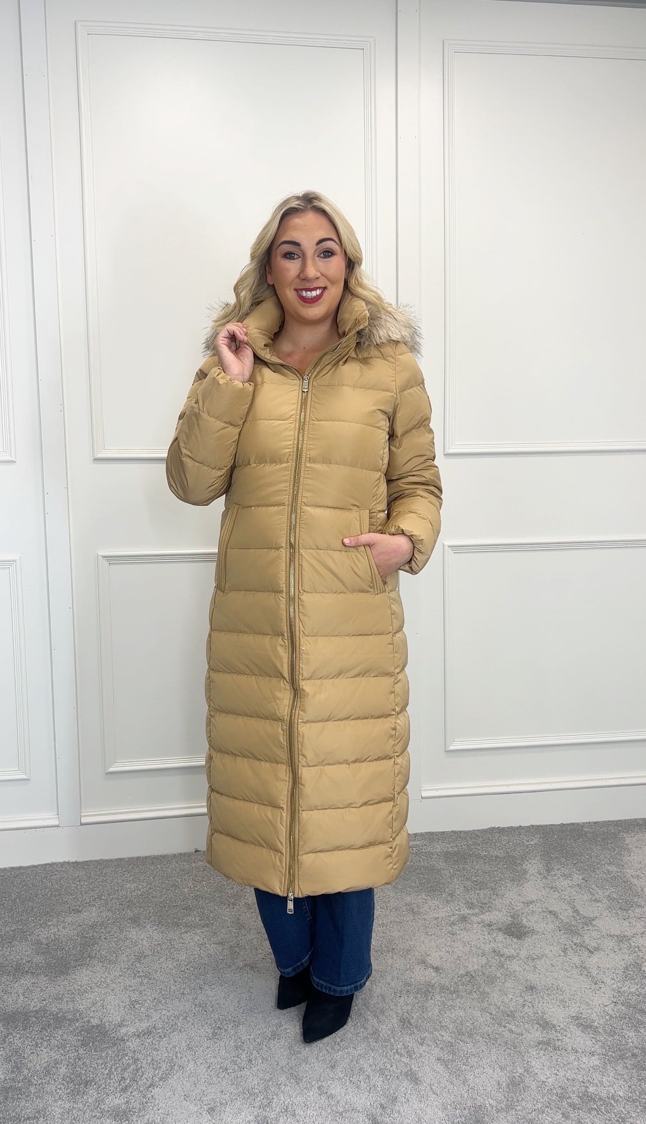 Tyra Longline Down Hooded Coat Camel