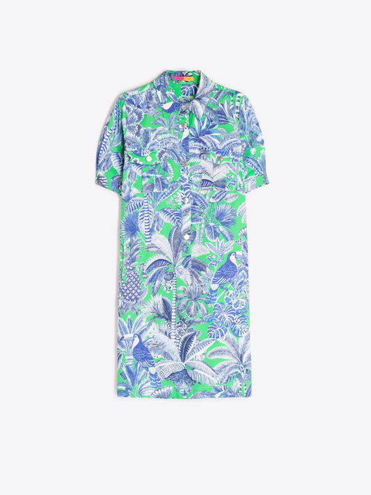 SHORT SHIRT DRESS WITH GREEN AND BLUE TROPICAL PRINT