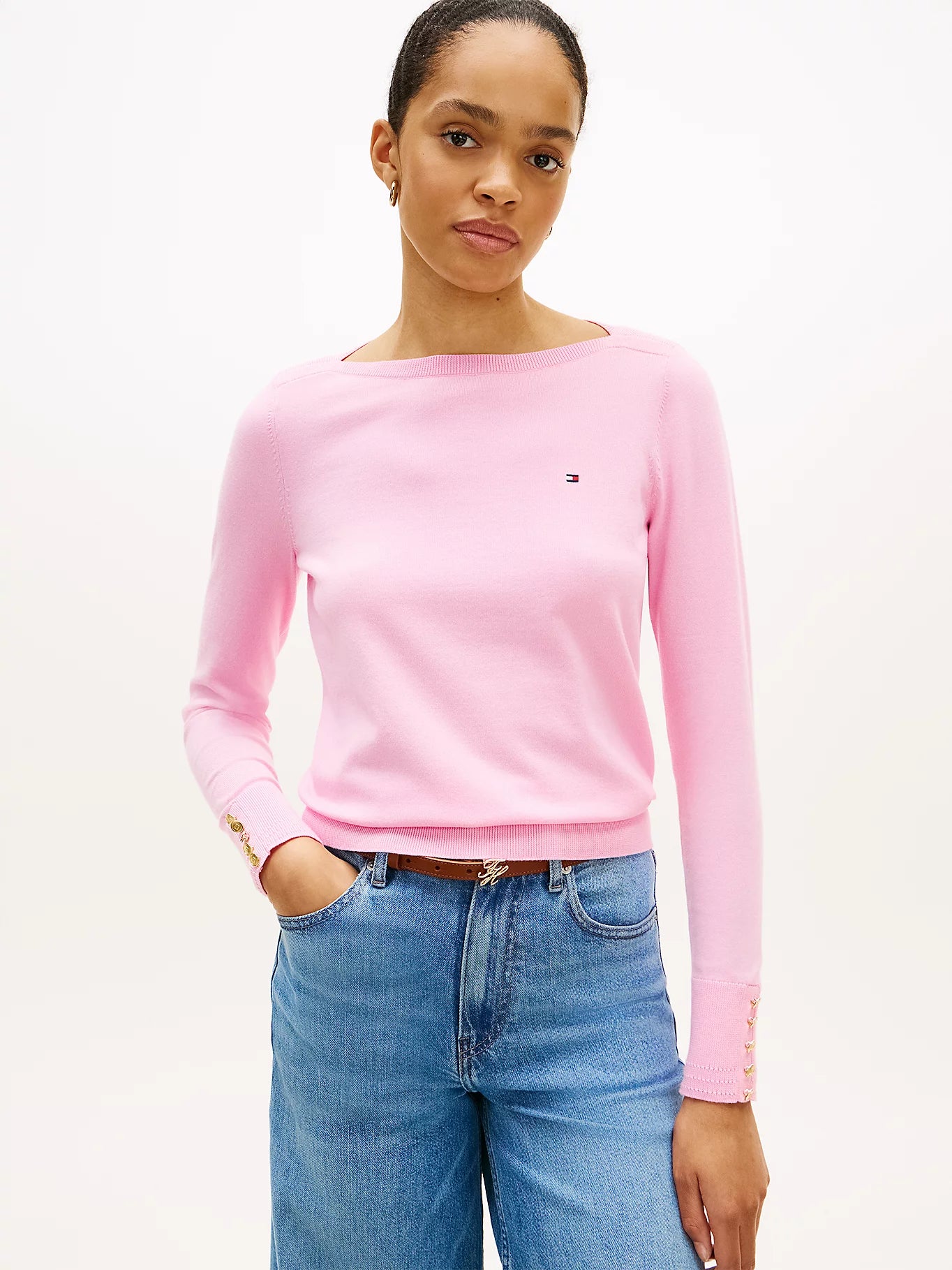 Gold-Tone Button Jersey Boat Neck Jumper Rose Petal