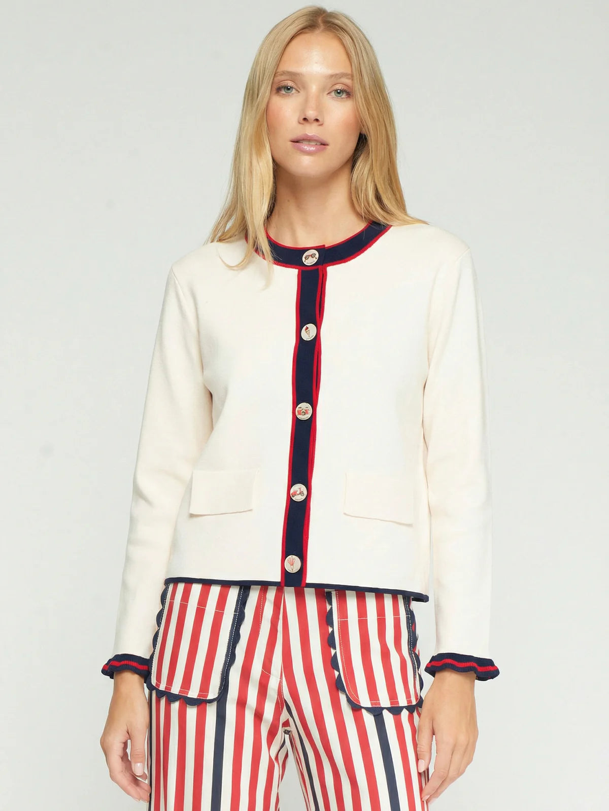 RAW CARDIGAN WITH NAVY AND RED TRIM