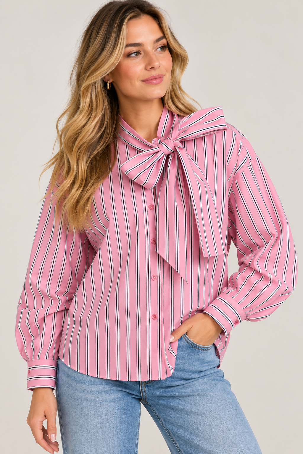 Candy Pink Stripe Bow Blouse 3780