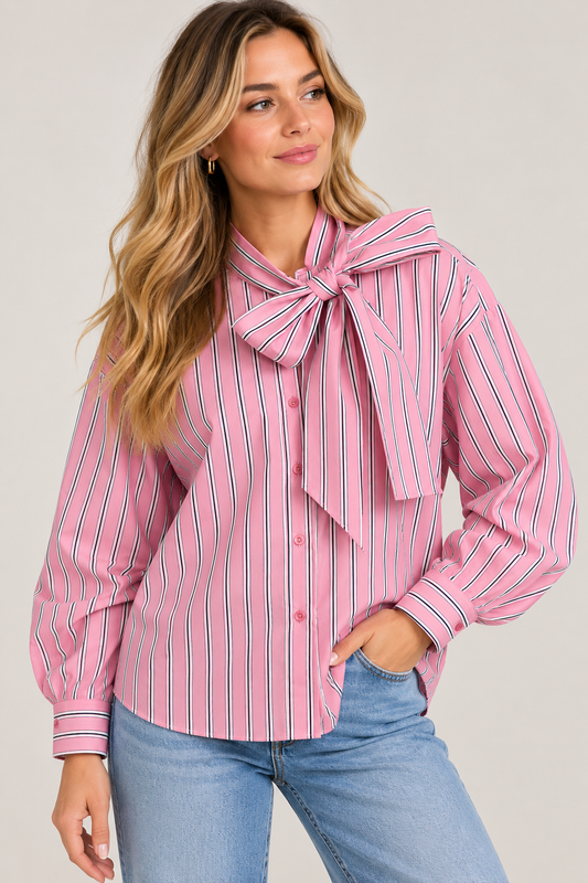 Candy Pink Stripe Bow Blouse 3780