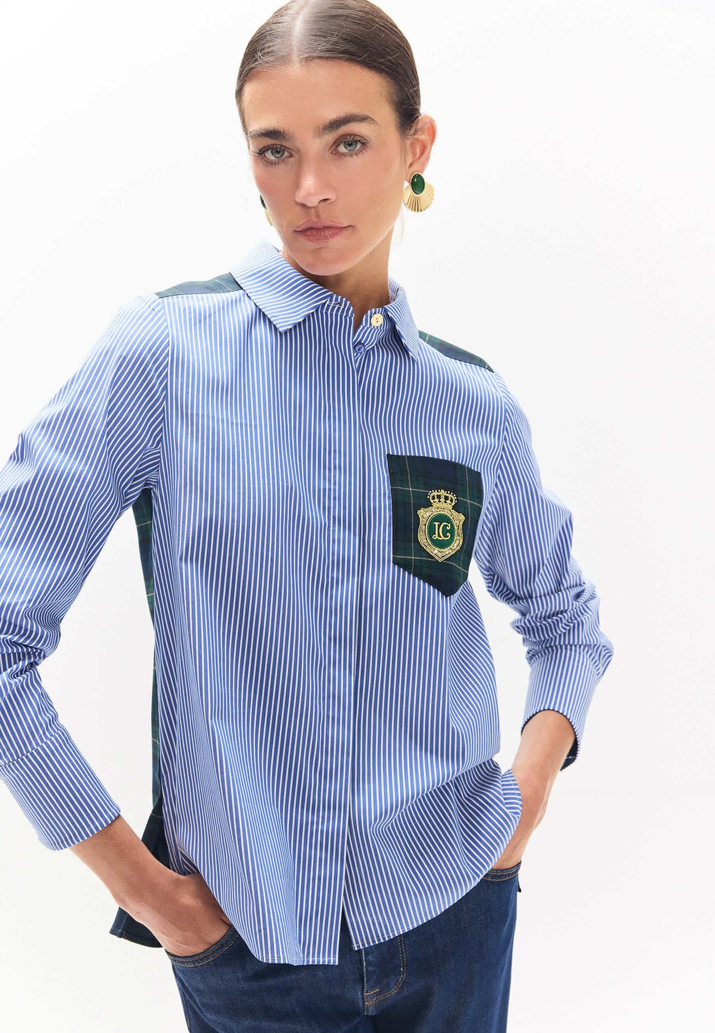 Blue Stripe Blouse Tartan Back And Tartan Badge