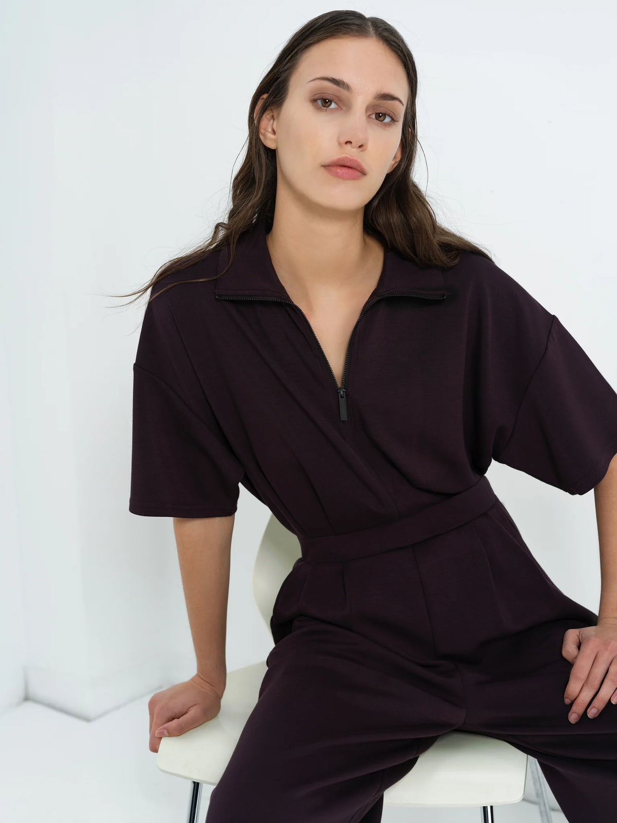 Wren Brown Half Zip Wide Leg Jumpsuit