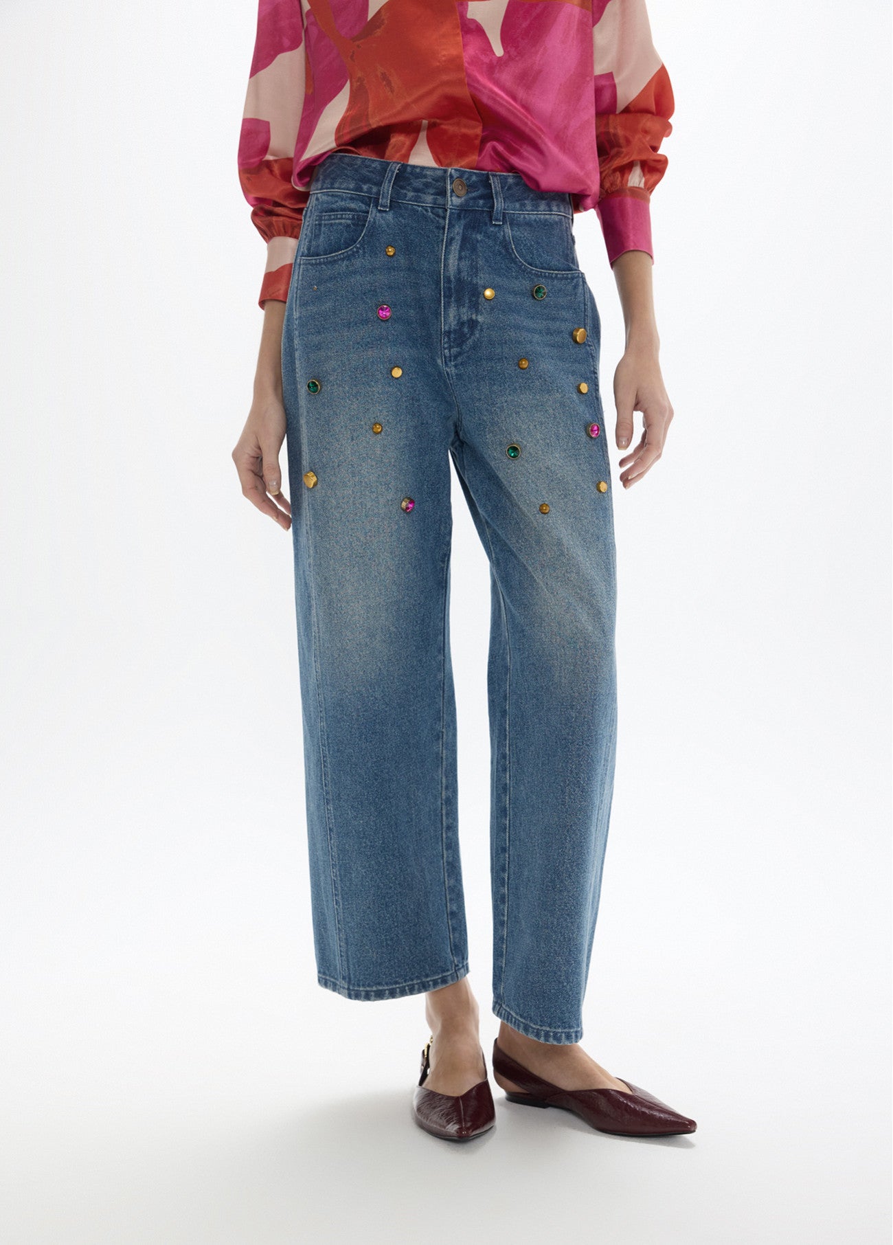 Denim Jeans With Coloured Crystals