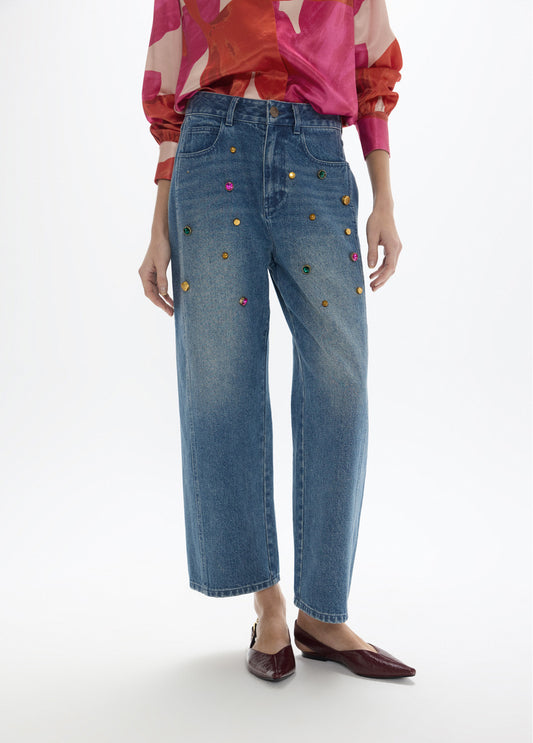 Denim Jeans With Coloured Crystals