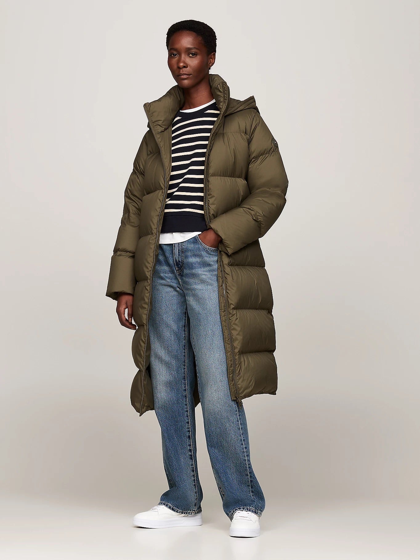 Water Repellent Down Longline Coat army green casual maxi